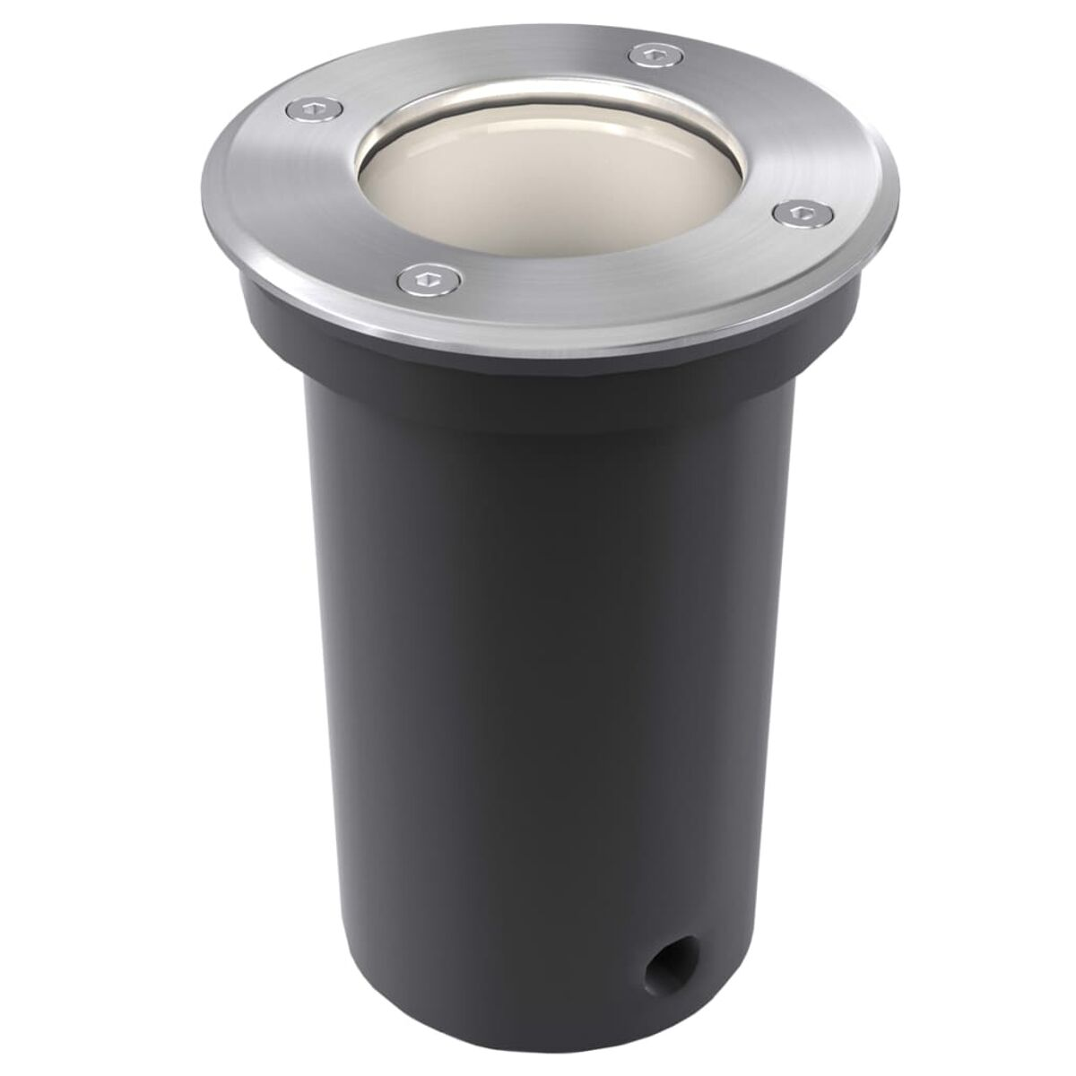 Schwarzes Einbau-Bodenlicht mit silberner Zierleiste.