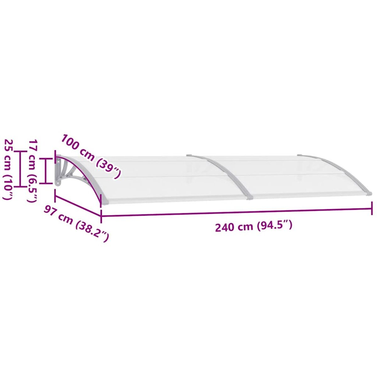 Weiß-silberne Markise mit Abmessungen. Sie ist 240 cm lang und 100 cm breit.