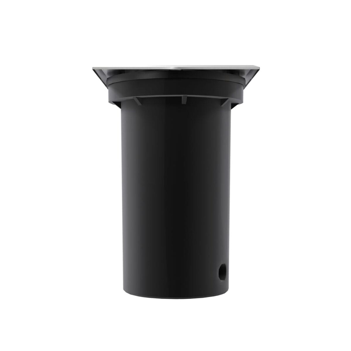 Schwarze zylindrische Wasserpumpe mit weißem Hintergrund.