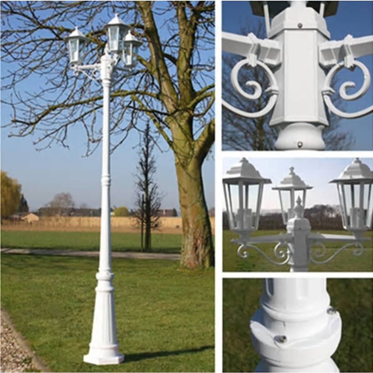 Weißer Laternenmast im Freien mit drei Lichtern auf einer grünen Wiese. Detailaufnahmen enthalten.