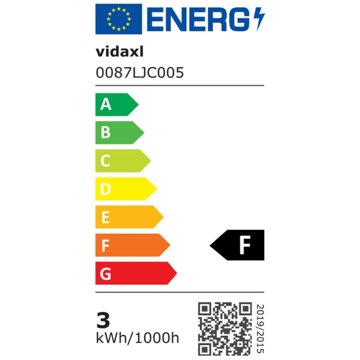 Energielabel mit Bewertung F. Zeigt den Energieverbrauch in kWh/1000h.