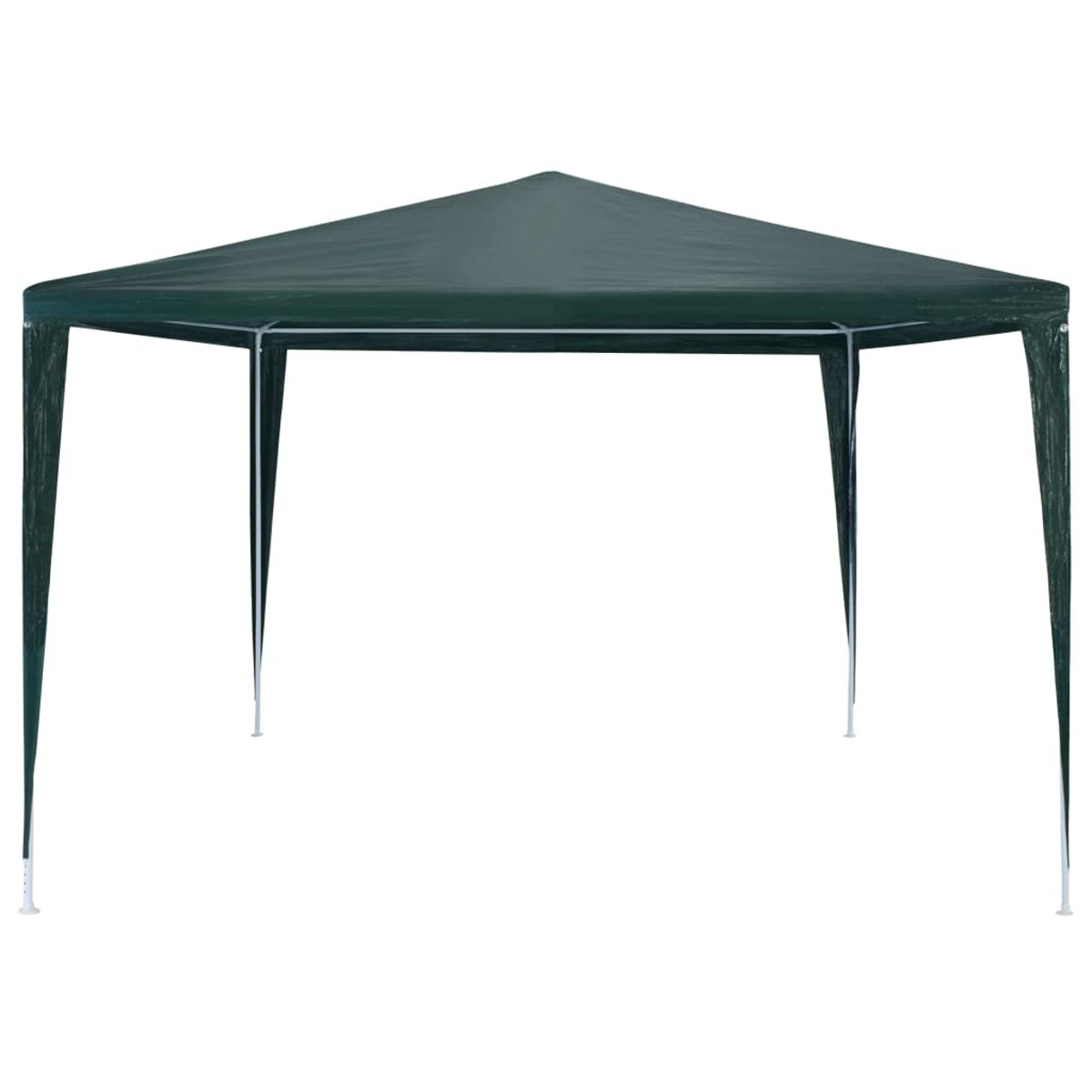 Grüner sechseckiger Pavillon mit weißem Rahmen und Beinen, leer im Inneren.