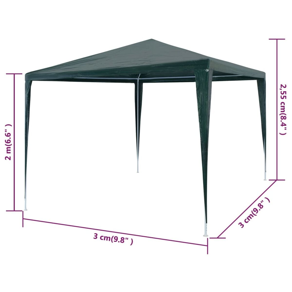 Ein grüner Pavillon mit in cm und Zoll beschrifteten Abmessungen vor weißem Hintergrund.