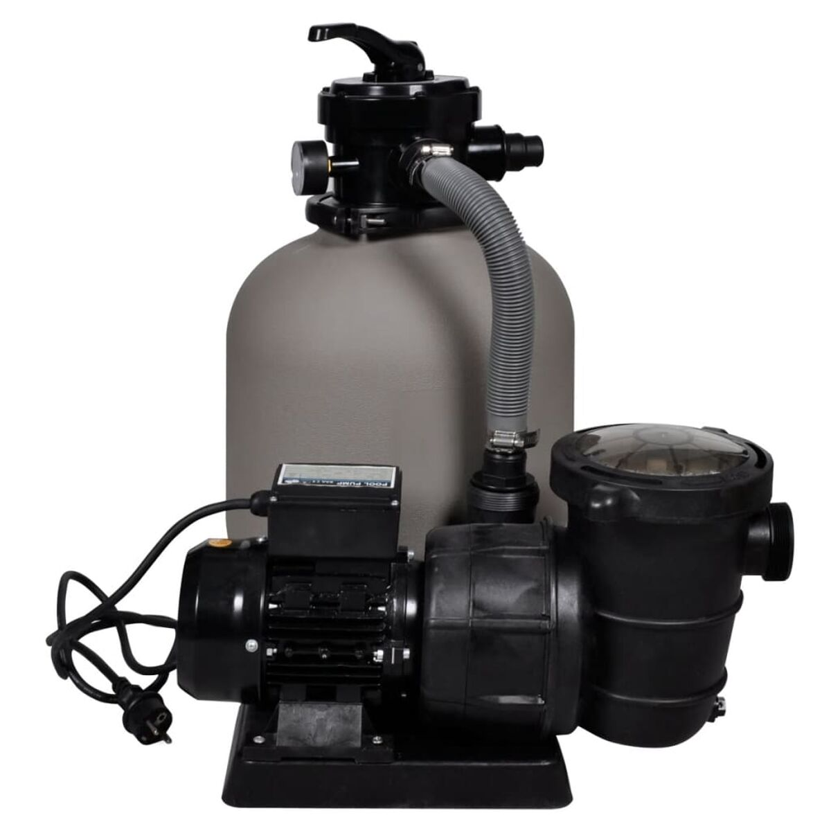 Ein Poolpumpensystem. Es umfasst einen Filter, eine Pumpe und andere Teile. Die Pumpe ist schwarz und der Filter grau.