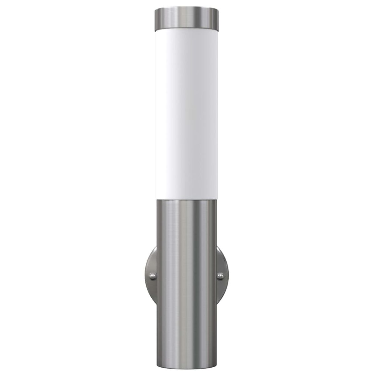 Eine silberne Außenwandleuchte mit einer weißen zylindrischen Lampe, isoliert auf weißem Hintergrund.