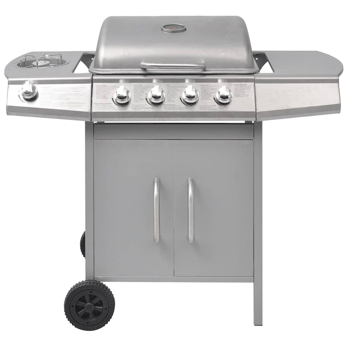 Silberner Außengrill mit vier Brennern und Schrank, Rädern.