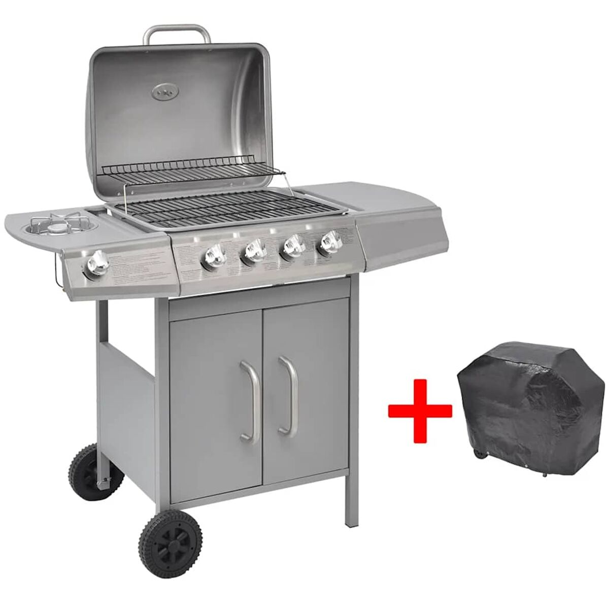 Grauer Grill mit Abdeckung. Offener Deckel, Ablagen, vier Brenner und eine Abdeckung. Weißer Hintergrund.