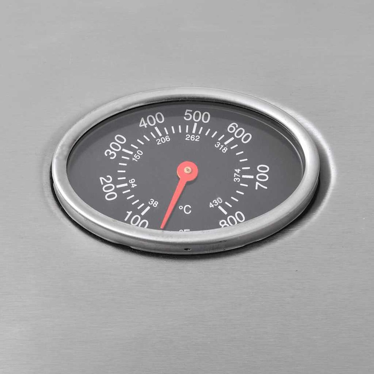 Ovales Thermometer mit rotem Zeiger. Zahlen werden auf schwarzem Hintergrund angezeigt.