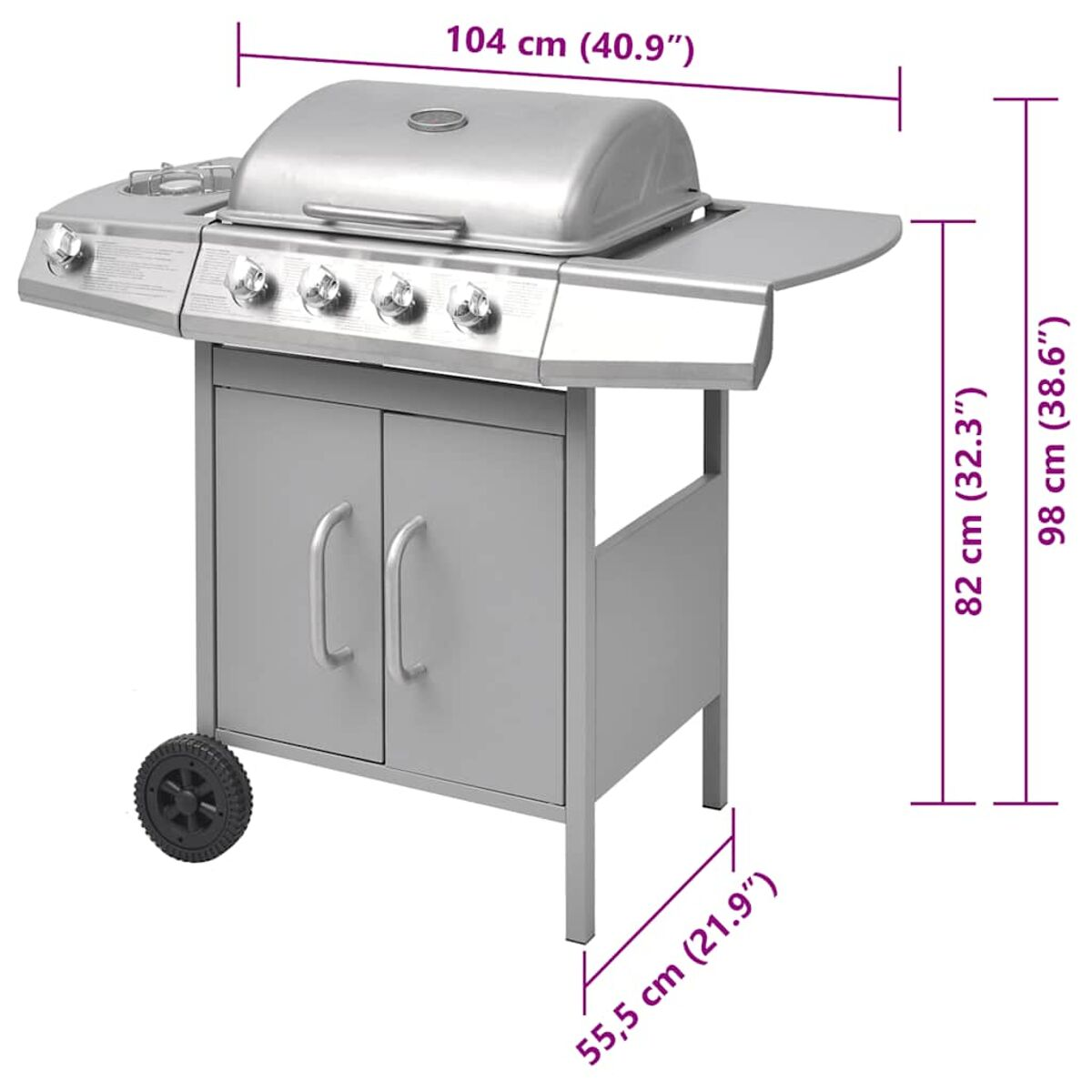 Silberner Gasgrill mit Messlinien darum. Er hat einen Beistelltisch und einen Wagen.
