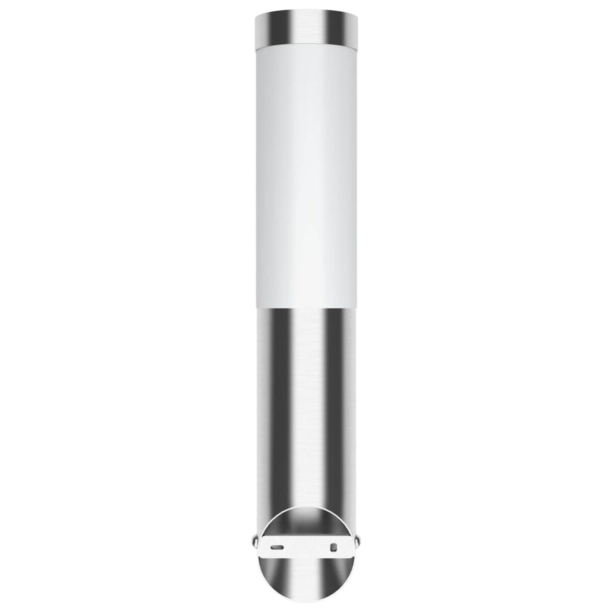 Eine Edelstahl-Außenleuchte mit weißem, zylindrischem Diffusor.
