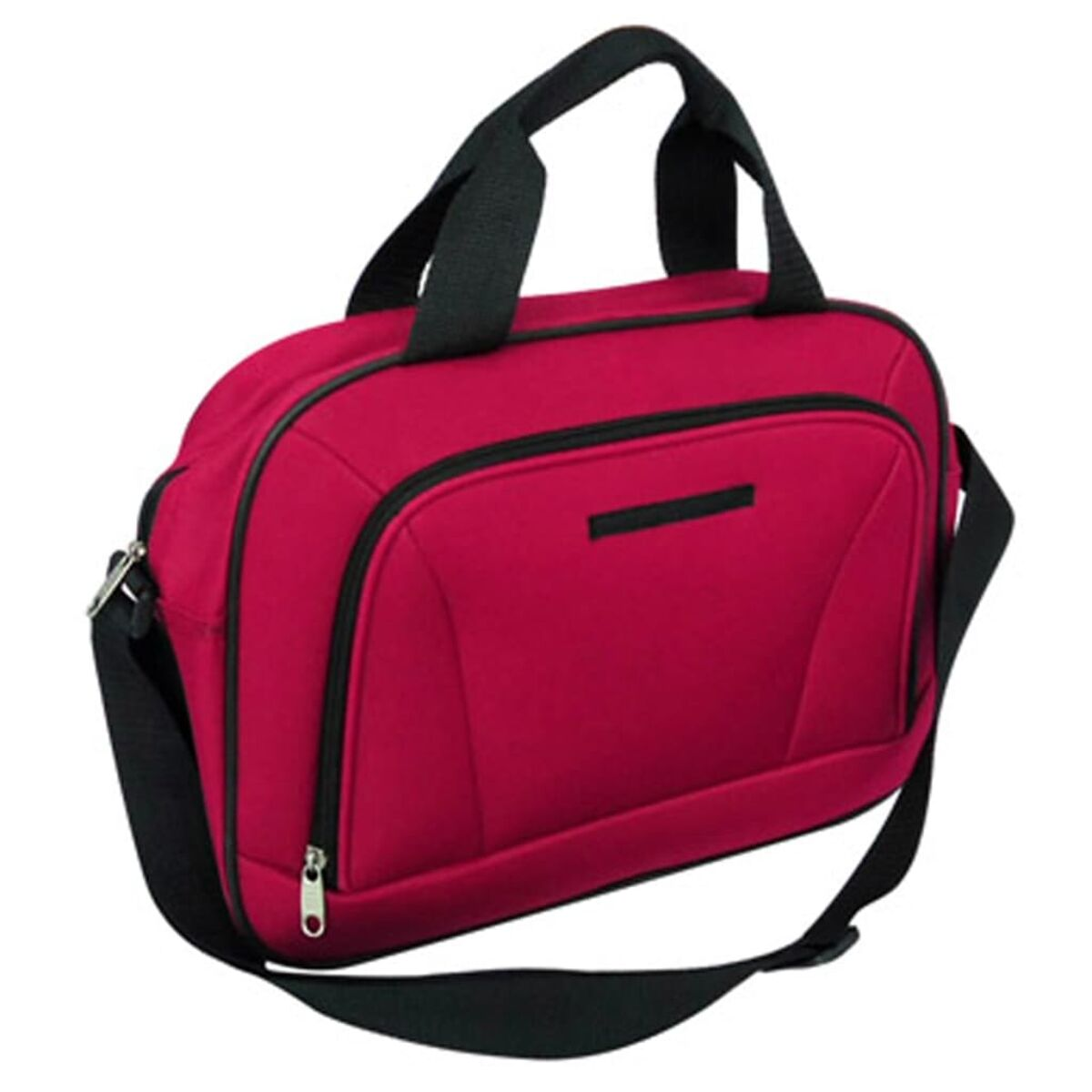Rote Reisetasche mit schwarzen Griffen, Schultergurt und Reißverschluss.