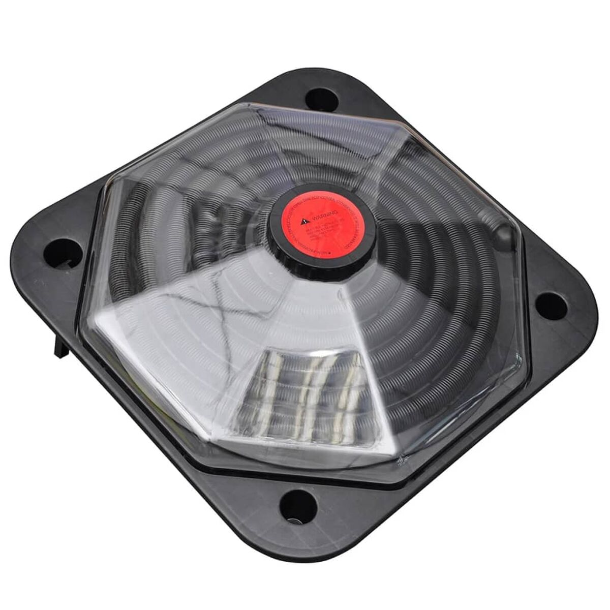 Ein schwarzer Solar-Poolheizkörper aus Kunststoff mit transparentem Deckel und roter Kappe.