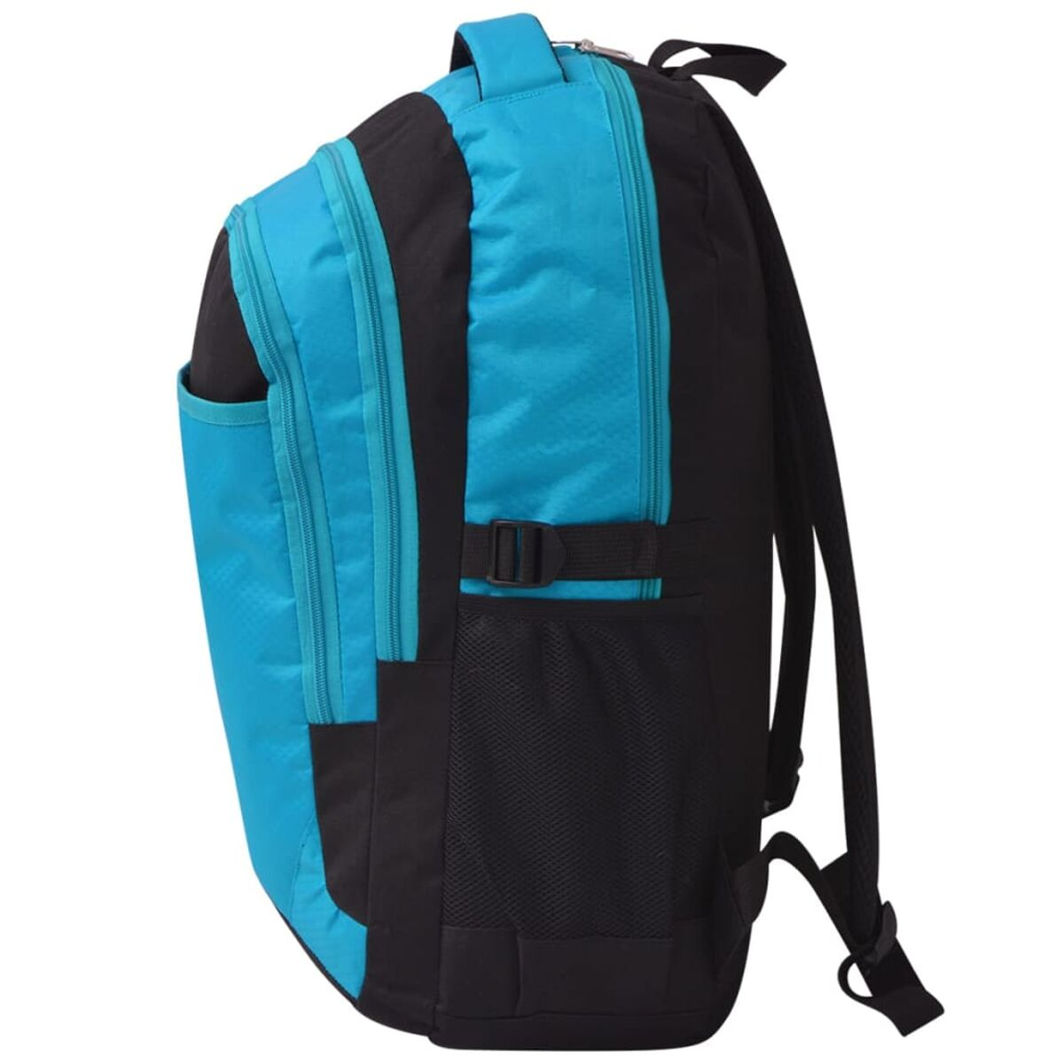 Rucksack. Die Tasche ist schwarz mit blauen Akzenten, mit Seitentaschen und einem oberen Griff.