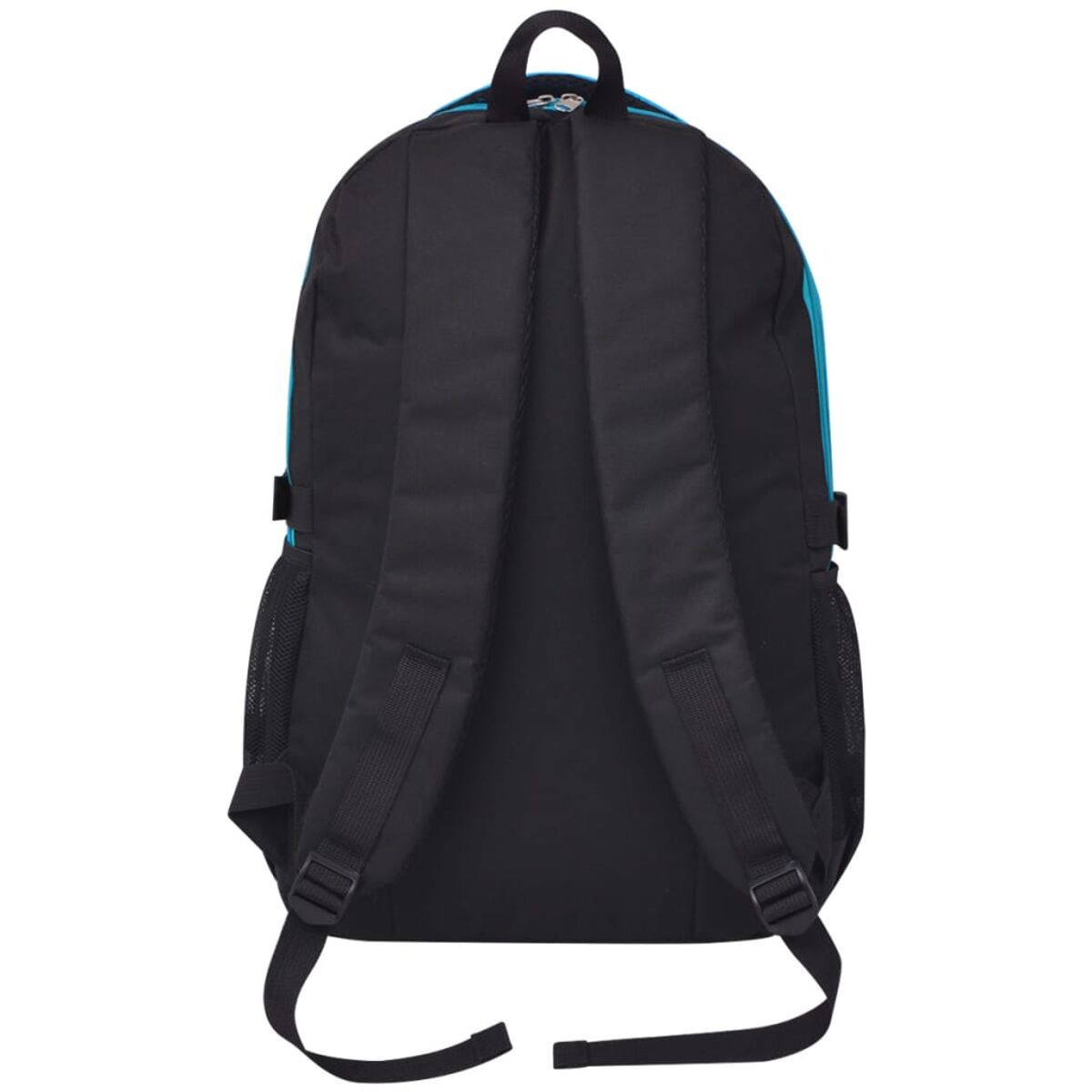 Rückansicht eines schwarzen Rucksacks mit blauen Akzenten, mit Trägern und Netztaschen.