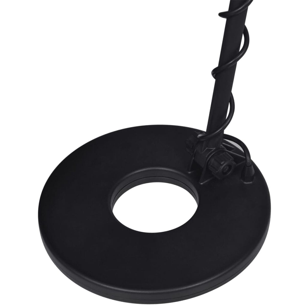 Nahaufnahme der Spule eines schwarzen Metalldetektors und des daran befestigten Stiels.