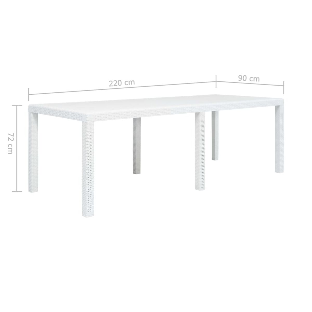 Ein weißer Outdoor-Tisch mit den Maßen: 220 cm lang, 90 cm breit und 72 cm hoch. Der Tisch steht auf weißem Hintergrund.