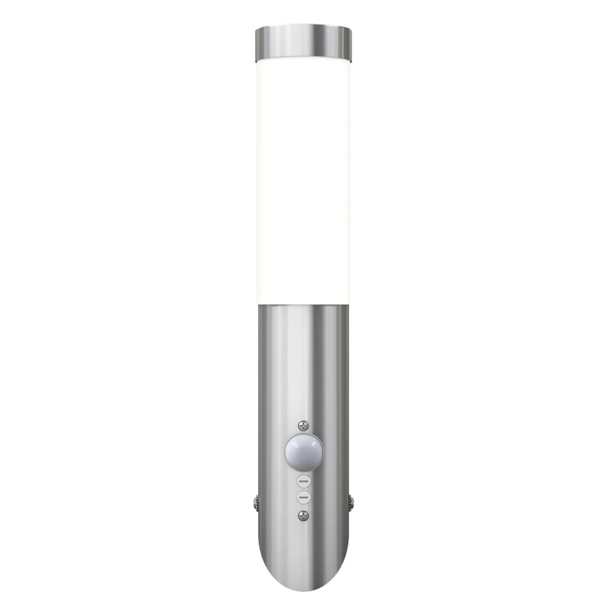 Eine hohe, silberne Außenlampe mit einem weißen Lichtabschnitt oben und einem Sensor unten.