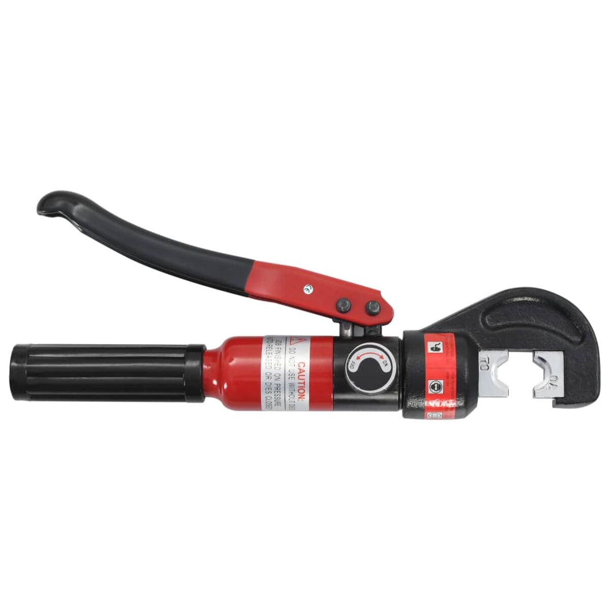 Rotes und schwarzes hydraulisches Crimpwerkzeug.