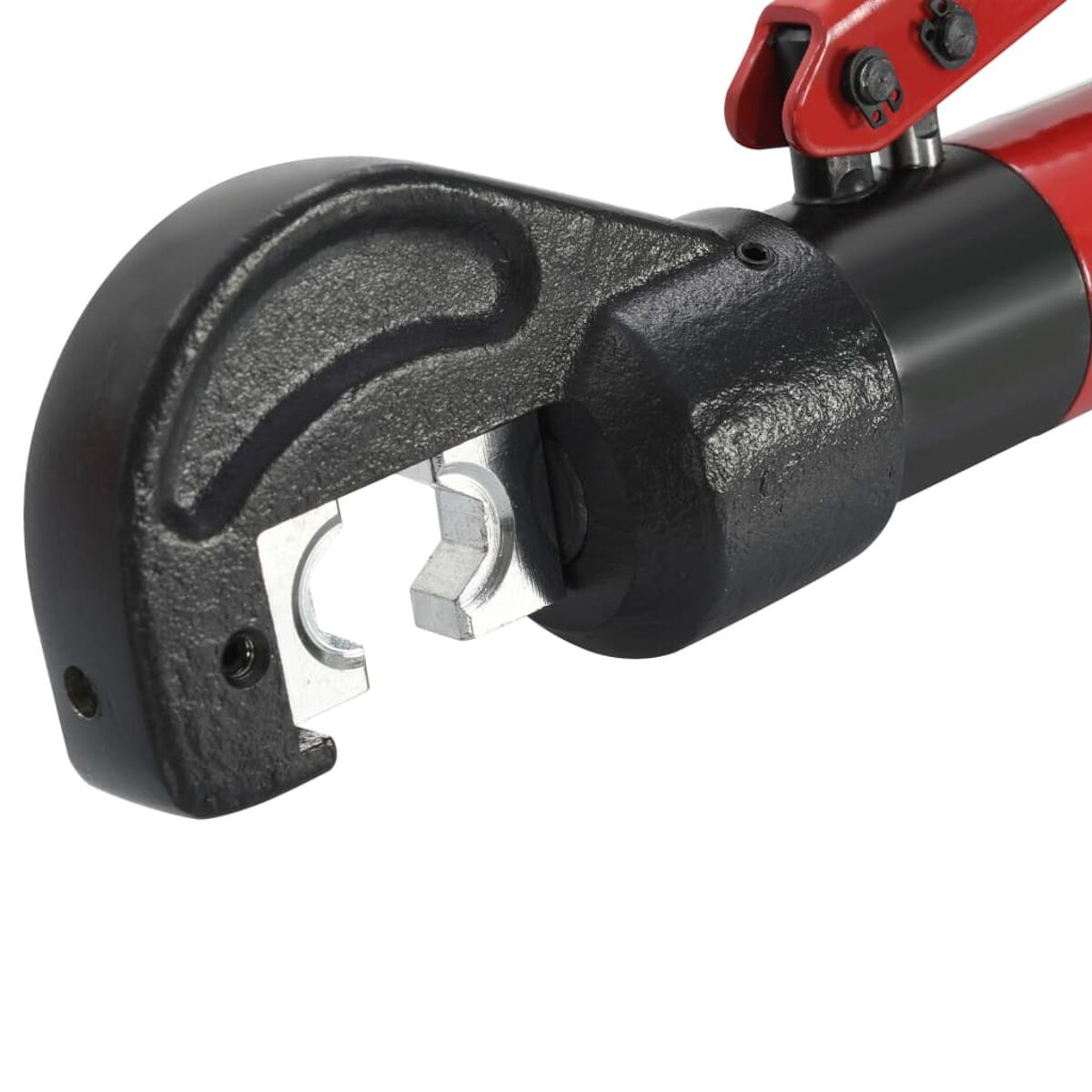 Hydraulische Crimpzange, rot und schwarz. Crimpkopf geöffnet mit sichtbaren Metallteilen.
