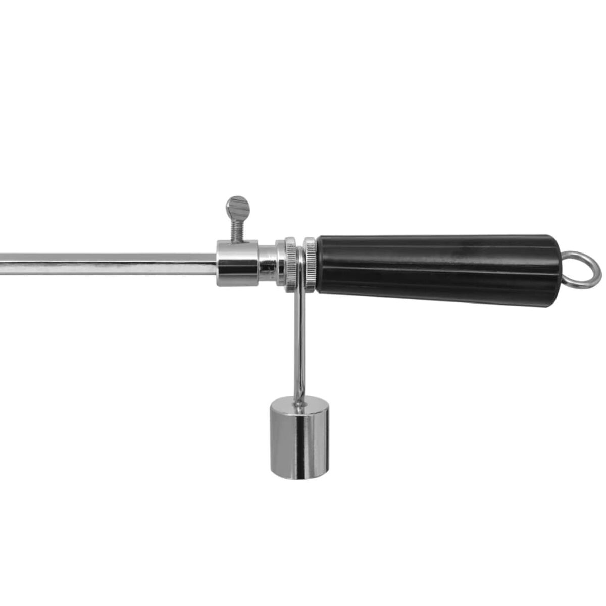 Ein medizinisches Werkzeug mit schwarzem Griff, Metallkopf und metallischer Halterung.