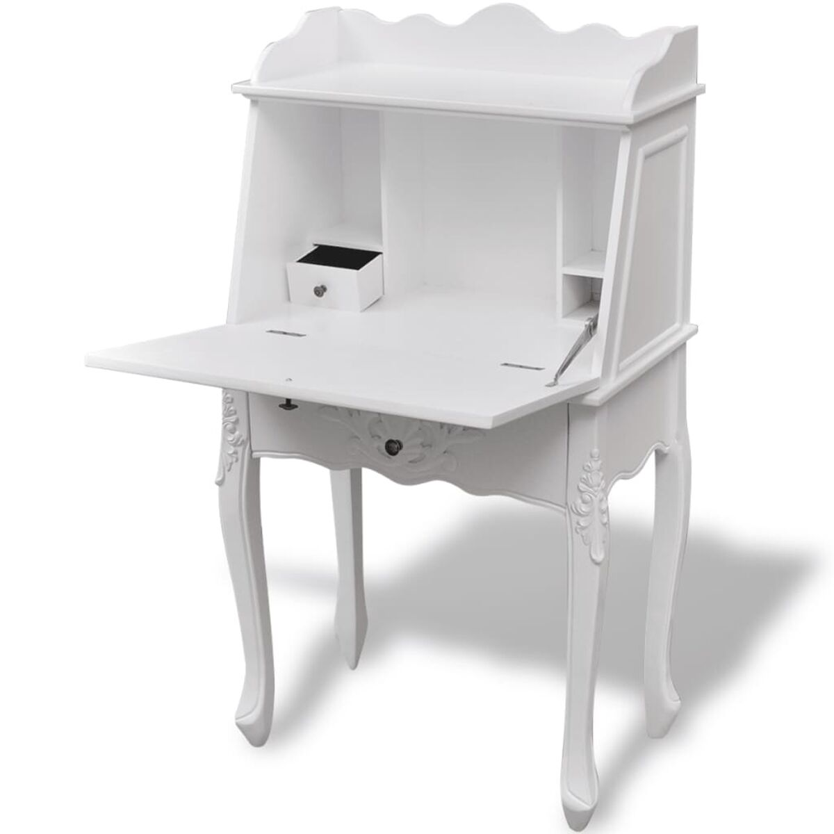 Weißer Schreibtisch mit Schubladen und einem erhöhten Regal.