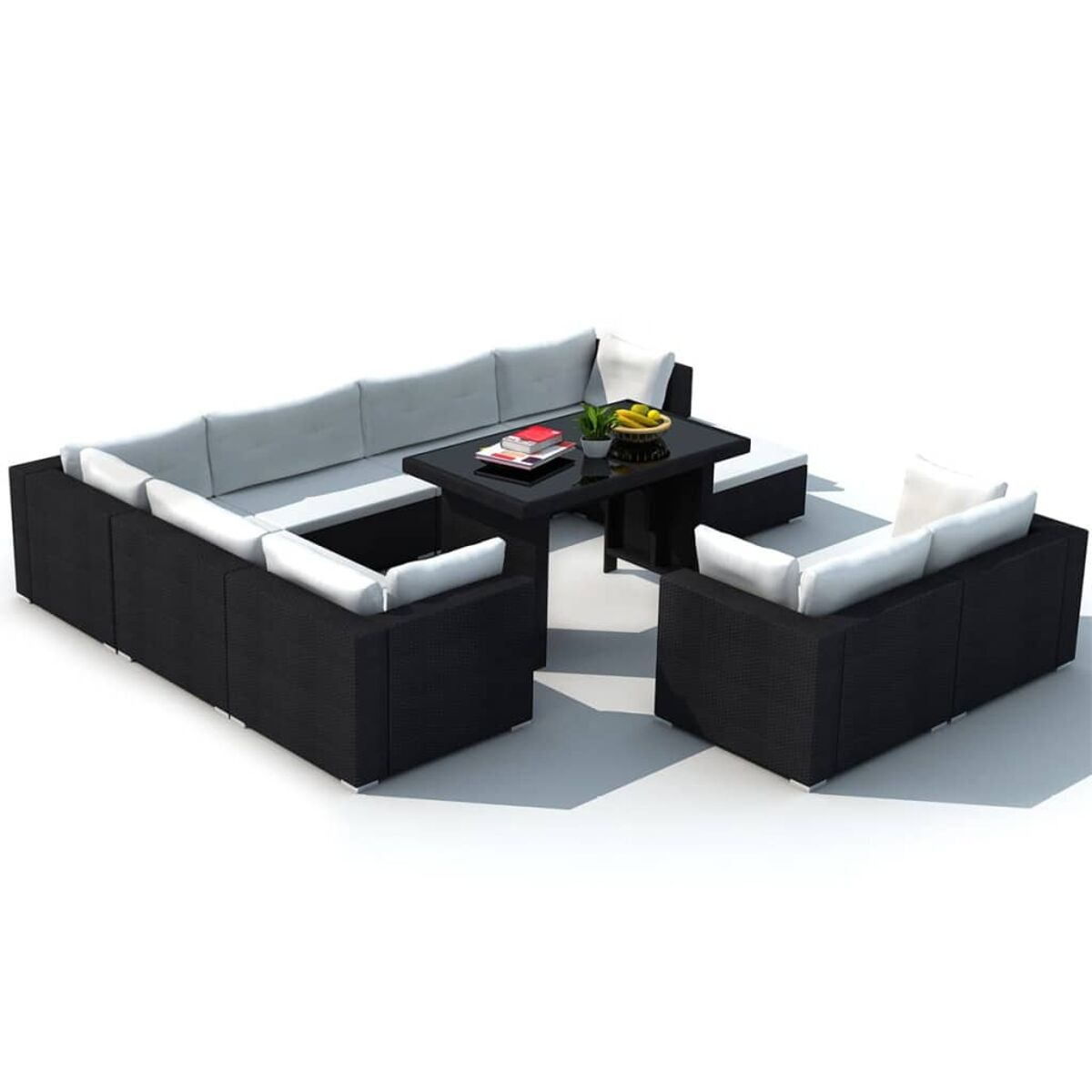 Schwarzes Outdoor-Möbelset mit Tisch und Sitzgelegenheiten.