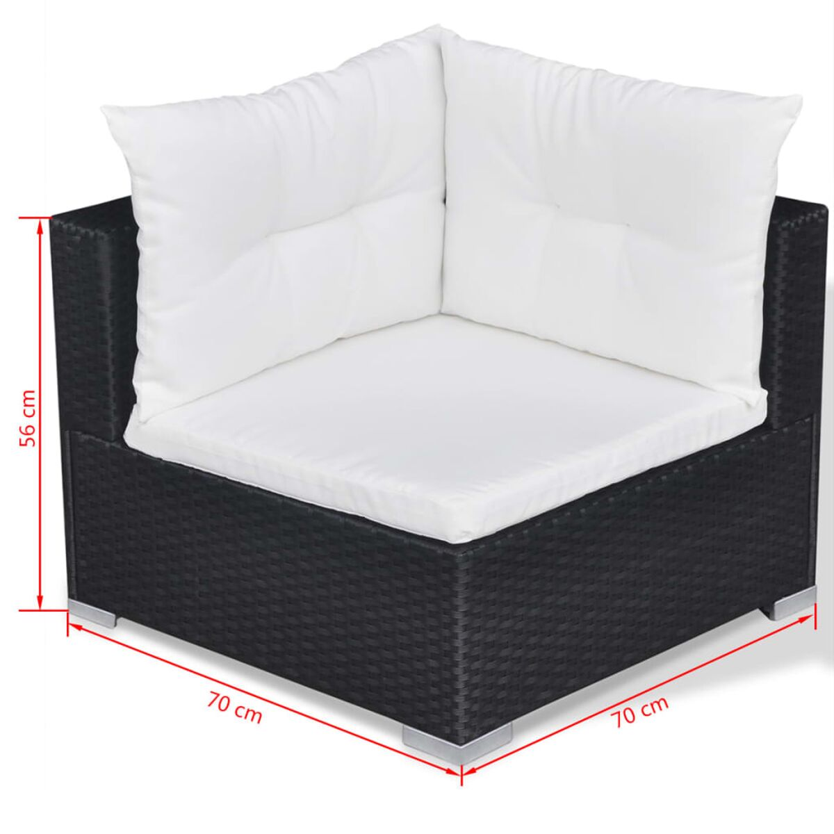 Schwarzes Ecksofa aus Korbgeflecht mit weißem Kissen, Maße 70x70x56 cm.
