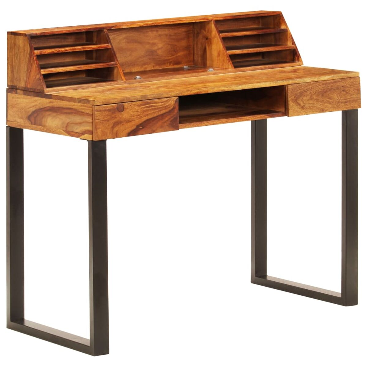 Holzschreibtisch mit schwarzen Metallbeinen, Schubladen, Regalen und erhöhtem Oberteil.