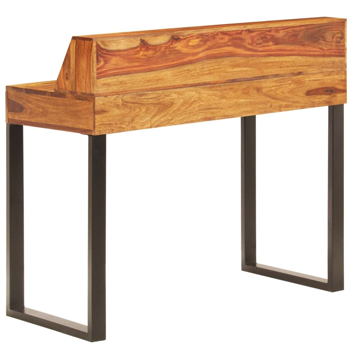 Holzkonsole mit schwarzen Metallbeinen, isoliert auf weißem Hintergrund.