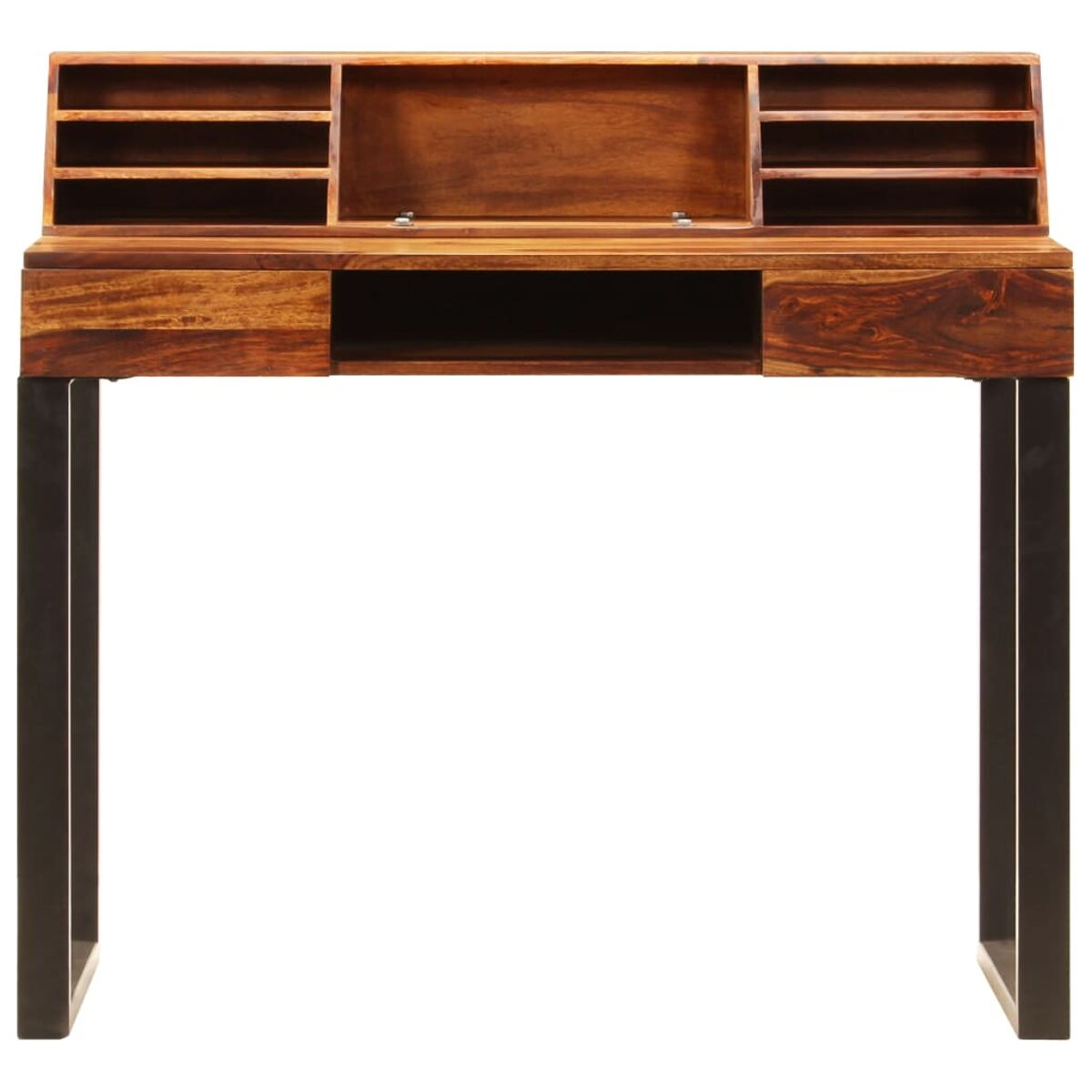 Holzschreibtisch mit Schubladen und schwarzen Metallbeinen. Mehrere Fächer und erhöhte Rückseite.