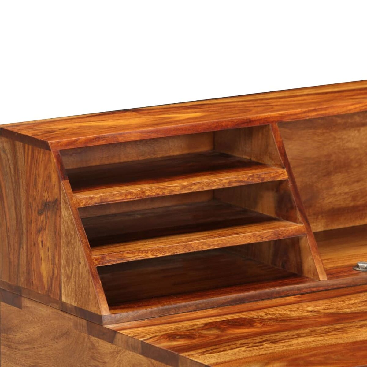 Nahaufnahme eines Holzschreibtisches mit drei Regalen und einer Schubladenöffnung.