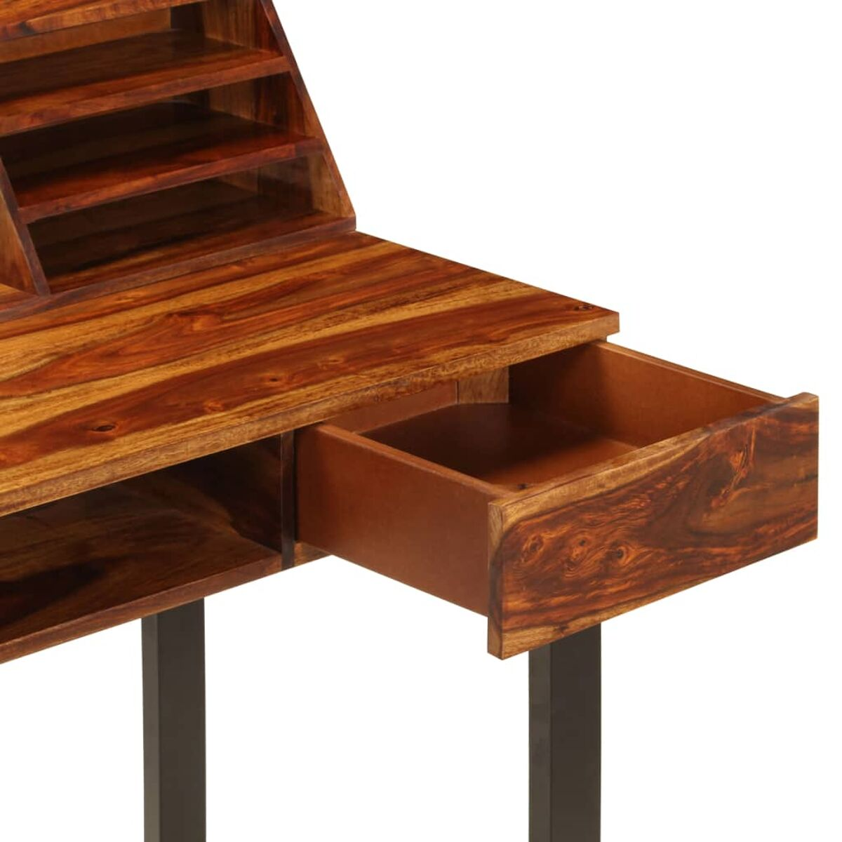 Holzschreibtisch mit offener Schublade. Oberteil mit Regalen. Braunes Holz und schwarze Beine.