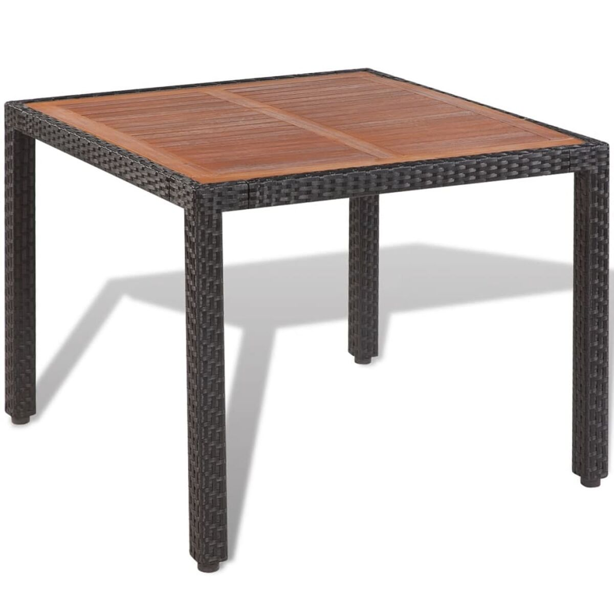 Quadratischer brauner Tisch mit Holzplatte und schwarzen Korbfüßen.