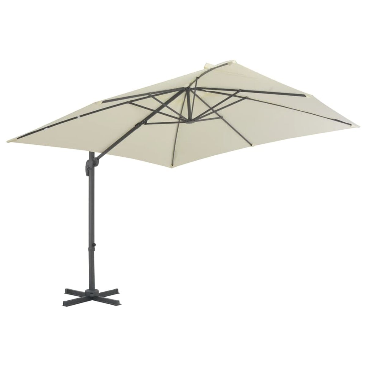 Ombrellone rettangolare beige con palo e base in metallo scuro.