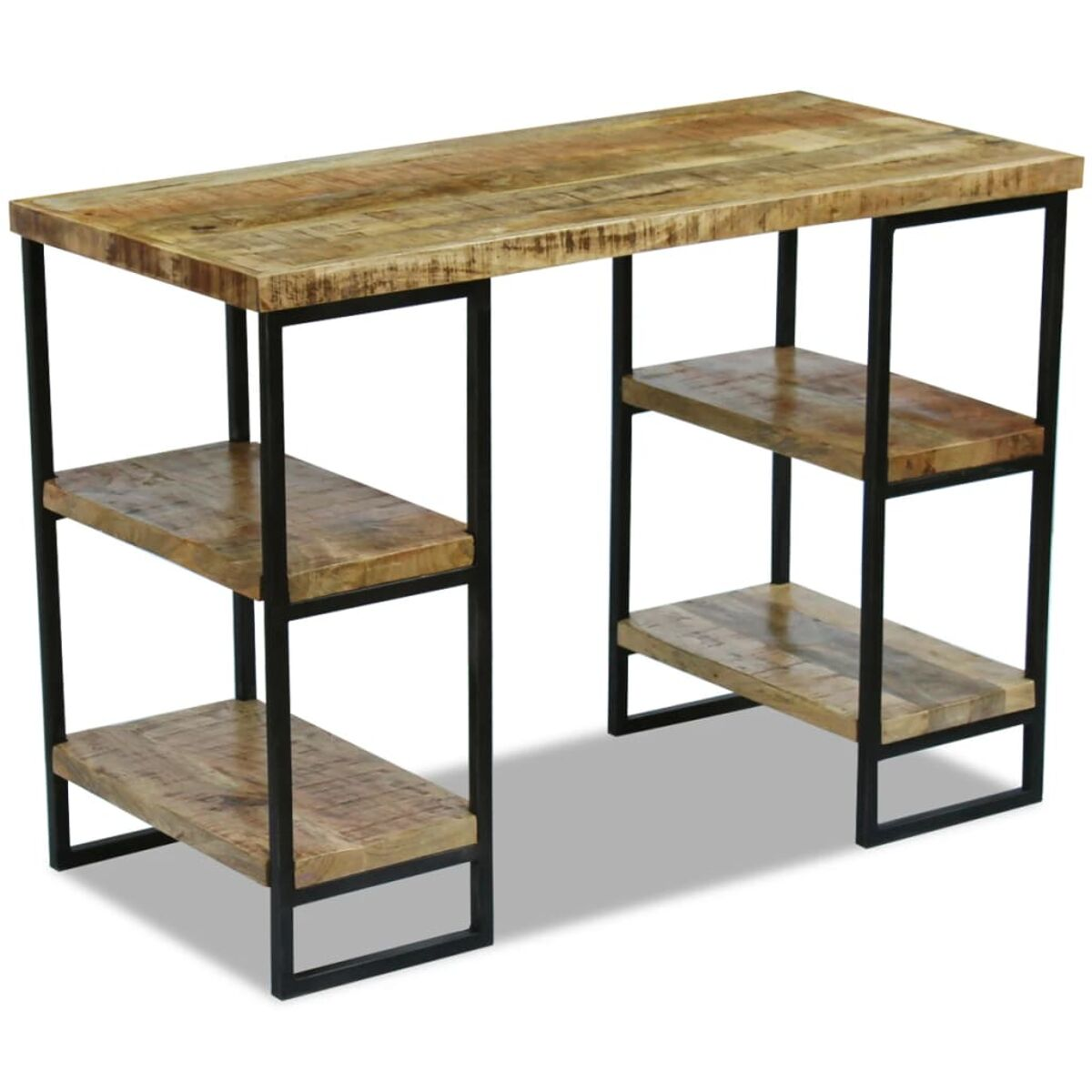 Holzschreibtisch mit drei Regalen, schwarzem Metallrahmen und einer hellen Holzplatte.