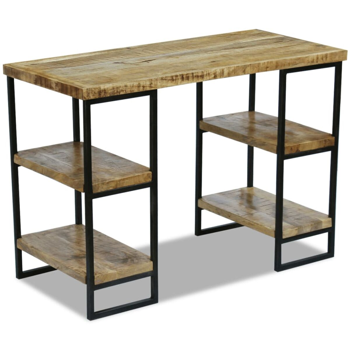 Holzschreibtisch mit zwei Regalen und Metallbeinen. Der Schreibtisch steht auf weißem Hintergrund.