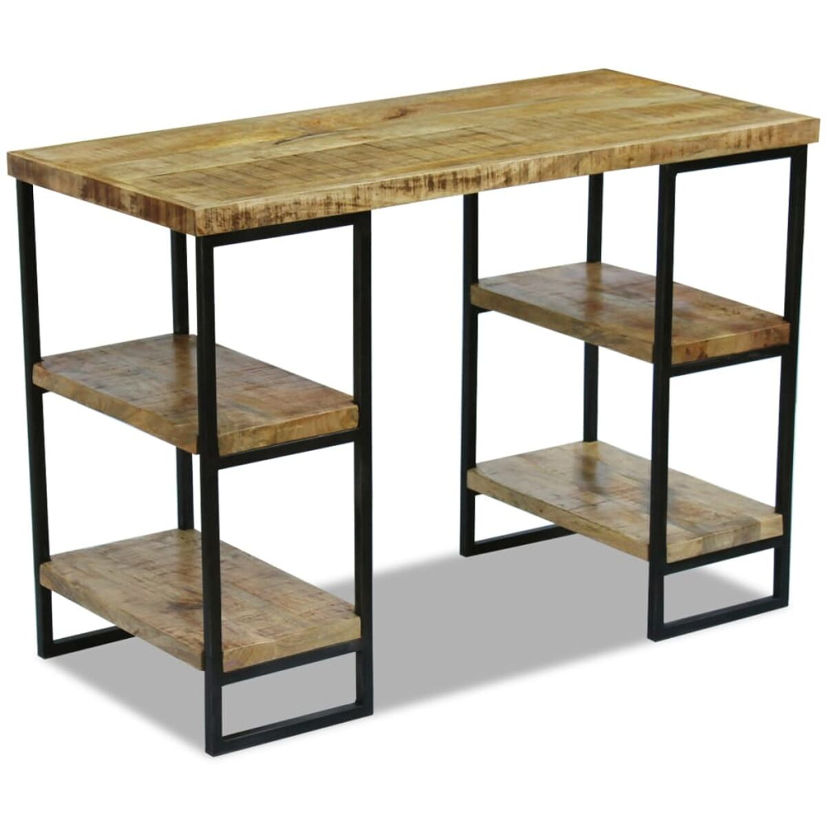 Holzschreibtisch mit Regalen, schwarzes Metallgestell. Hellbraune Farbe. Weißer Hintergrund.