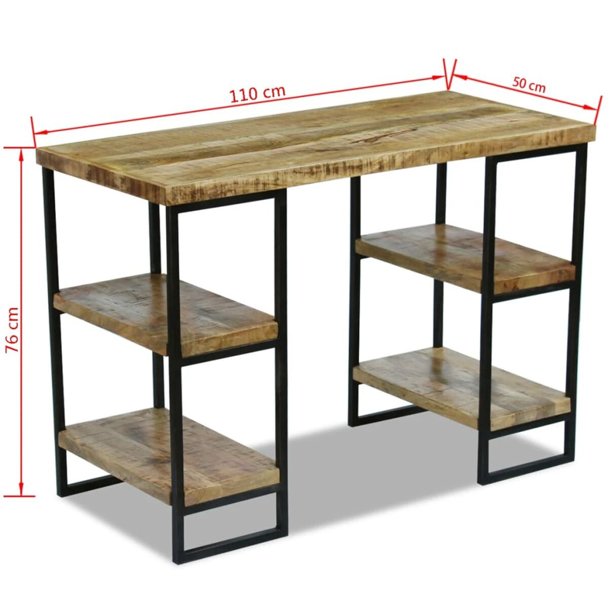 Holzschreibtisch mit Metallbeinen. Er hat drei Regale und ist 110 cm breit.
