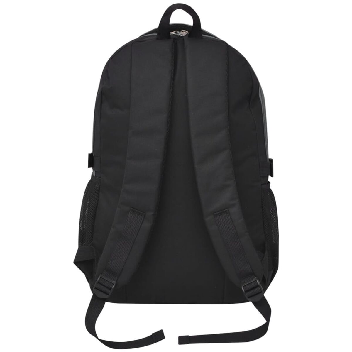 Schwarzer Rucksack mit mehreren Taschen und Gurten, von hinten betrachtet.