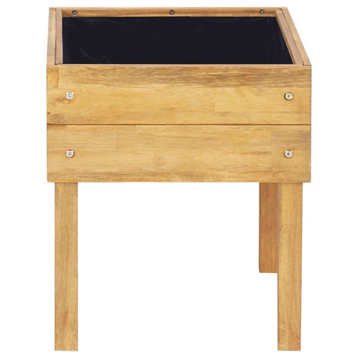 Pflanzkasten aus Holz mit Beinen. Die Box hat einen schwarzen Innenraum, bereit zum Bepflanzen.