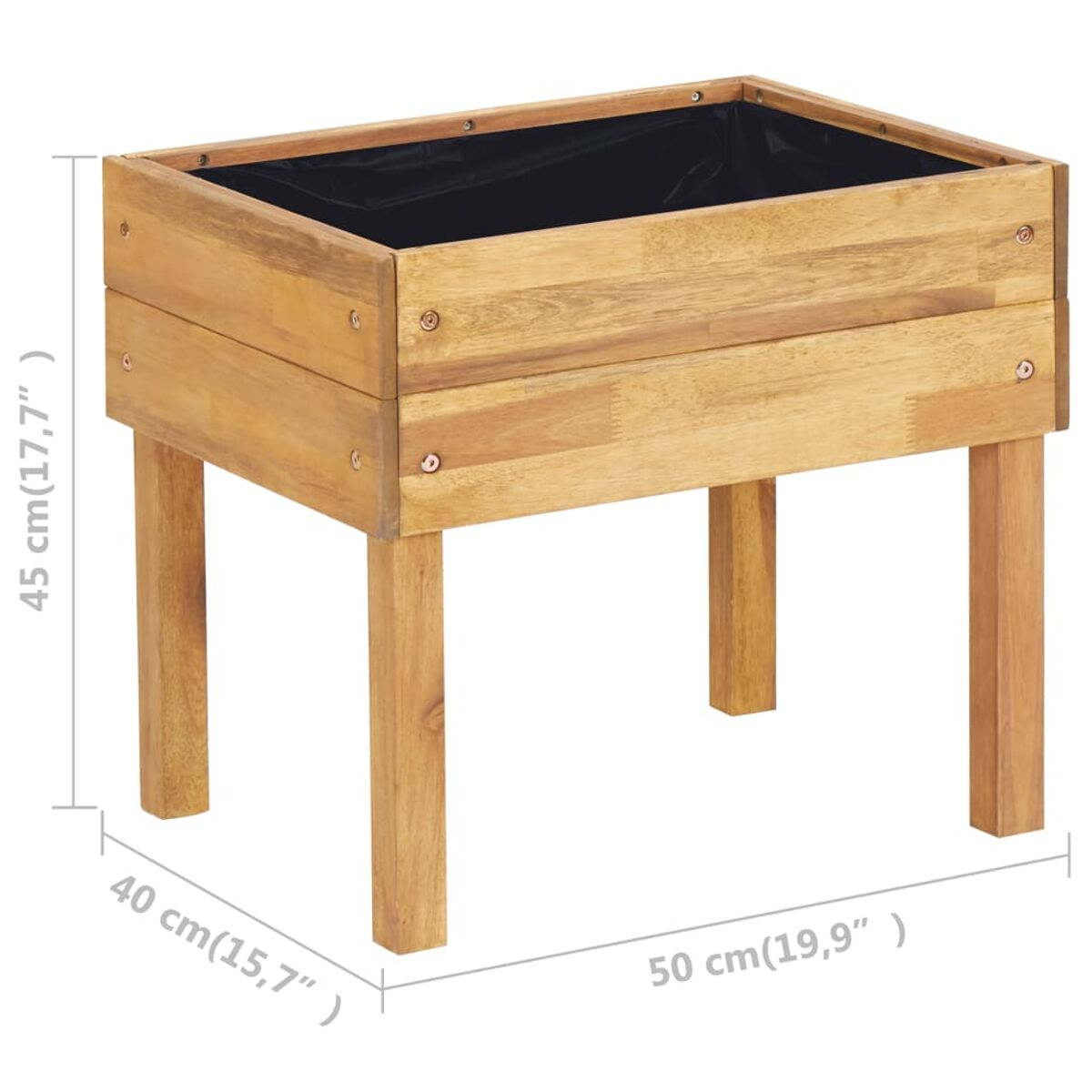 Holzpflanzer mit Abmessungen. Schwarze Innenausstattung. Braunes Holz, Abmessungen sichtbar.