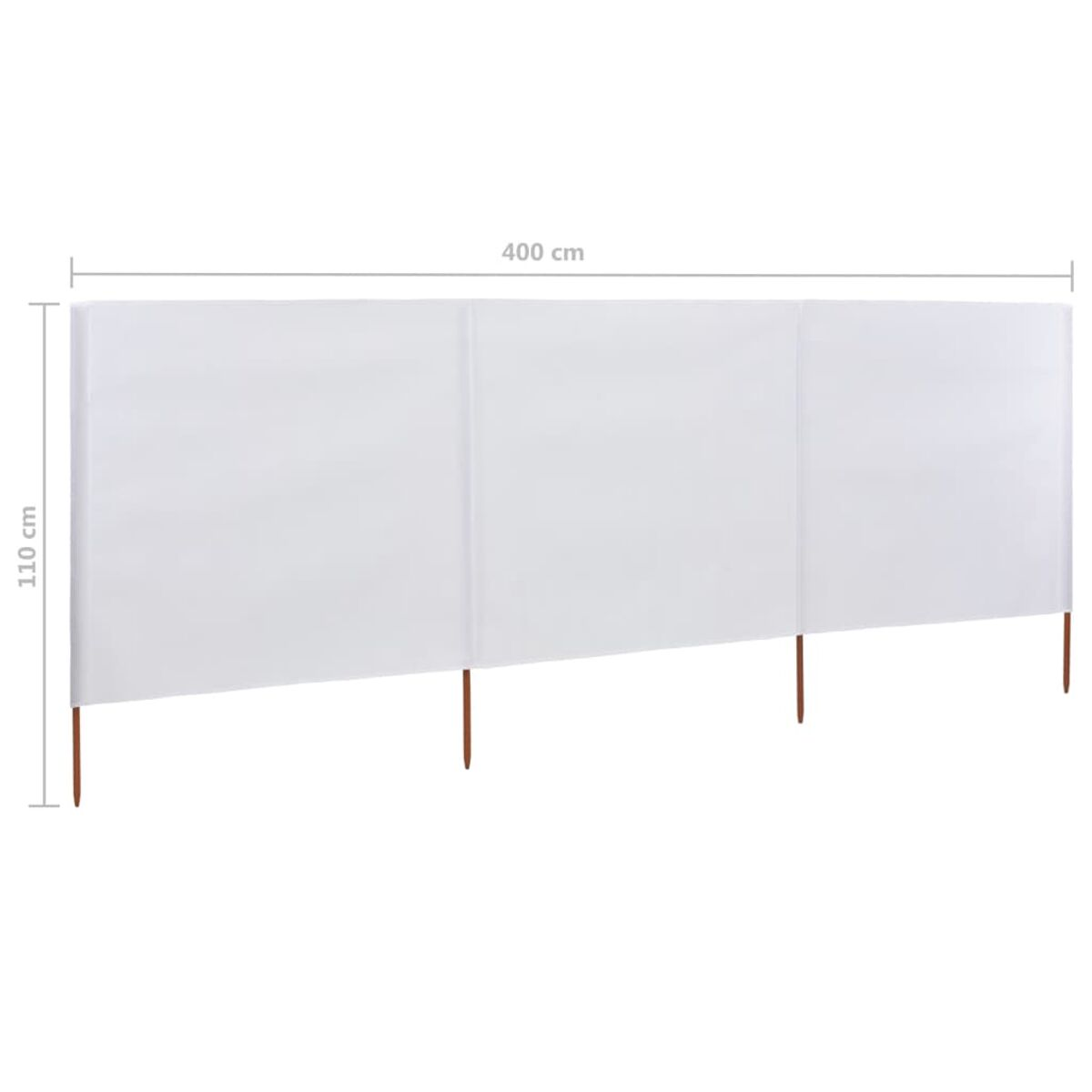 Eine weiße Sichtschutzwand mit drei Paneelen und Holzpfählen. Die Wand ist 110 cm hoch und 400 cm breit.