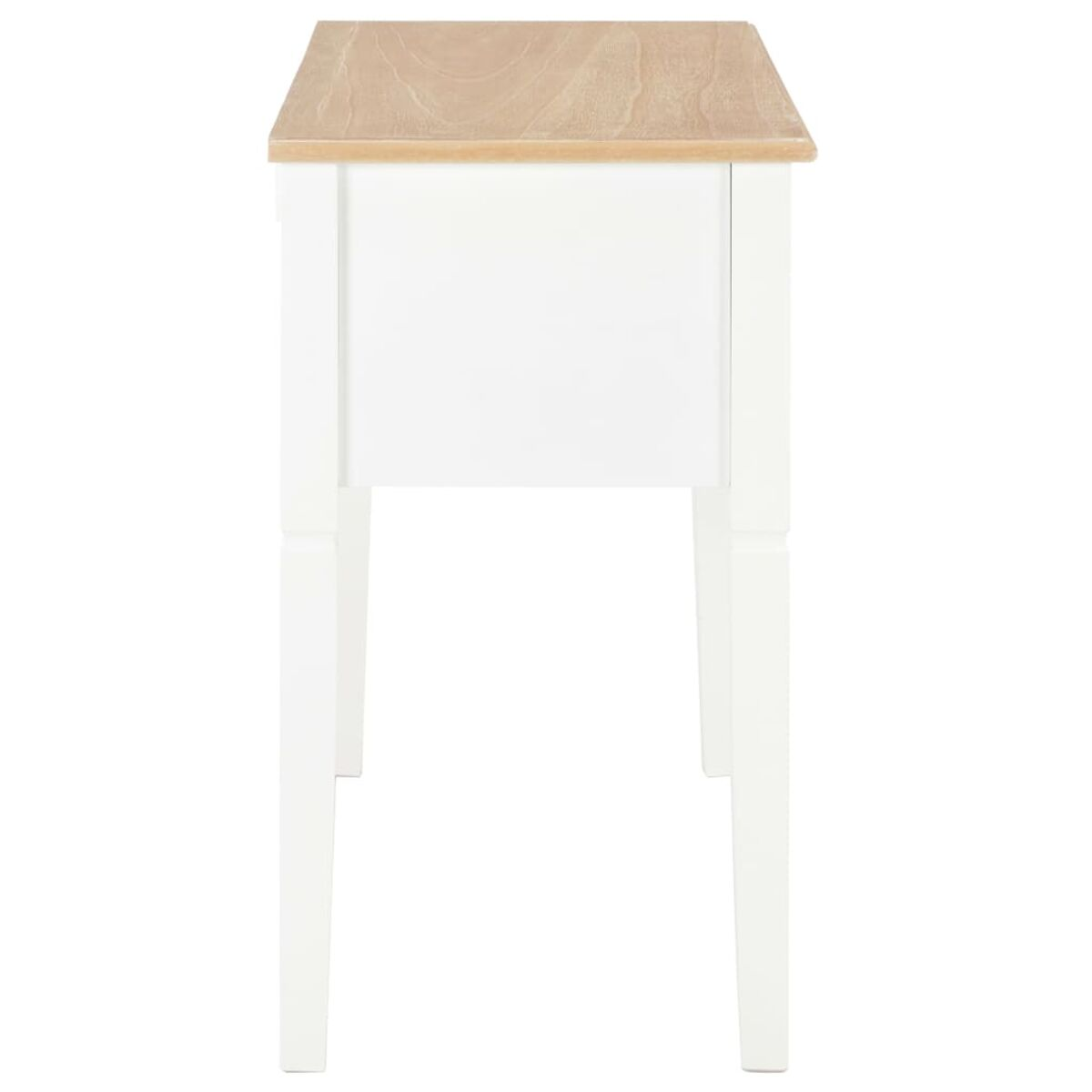 Weißer Schrank mit hellem Holzaufsatz und vier Beinen. Weiße Schubladenfront.