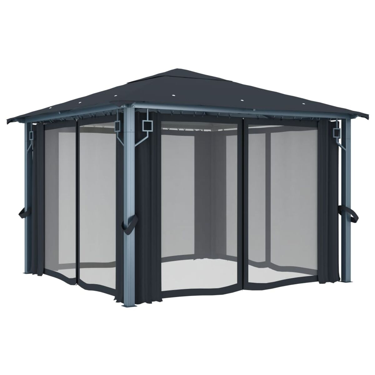 Ein dunkelgrauer Pavillon mit Netzwänden. Er hat ein schwarzes Dach und steht auf weißem Hintergrund.