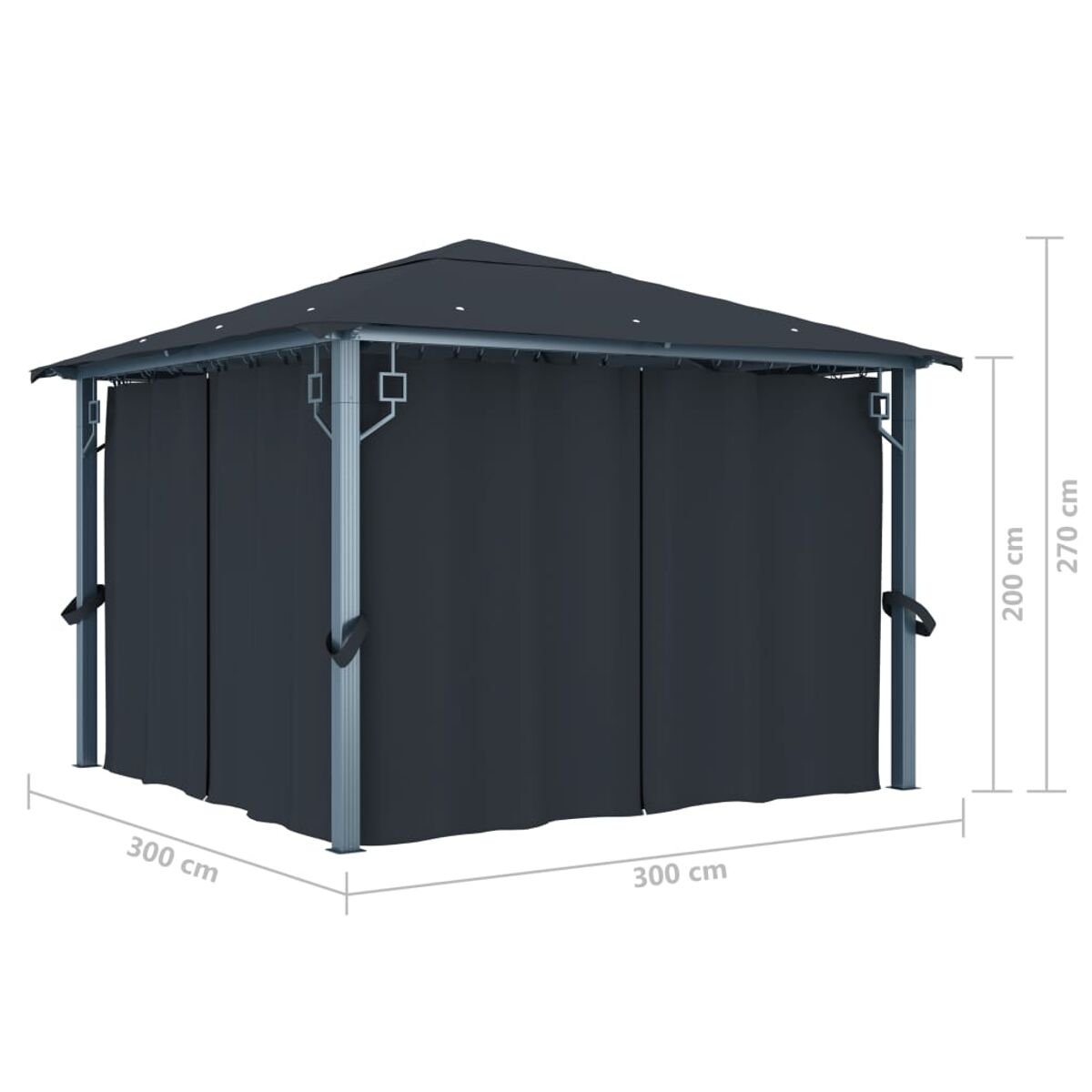 Pavillon mit schwarzen Stoffvorhängen und Maßangaben auf dem Bild.