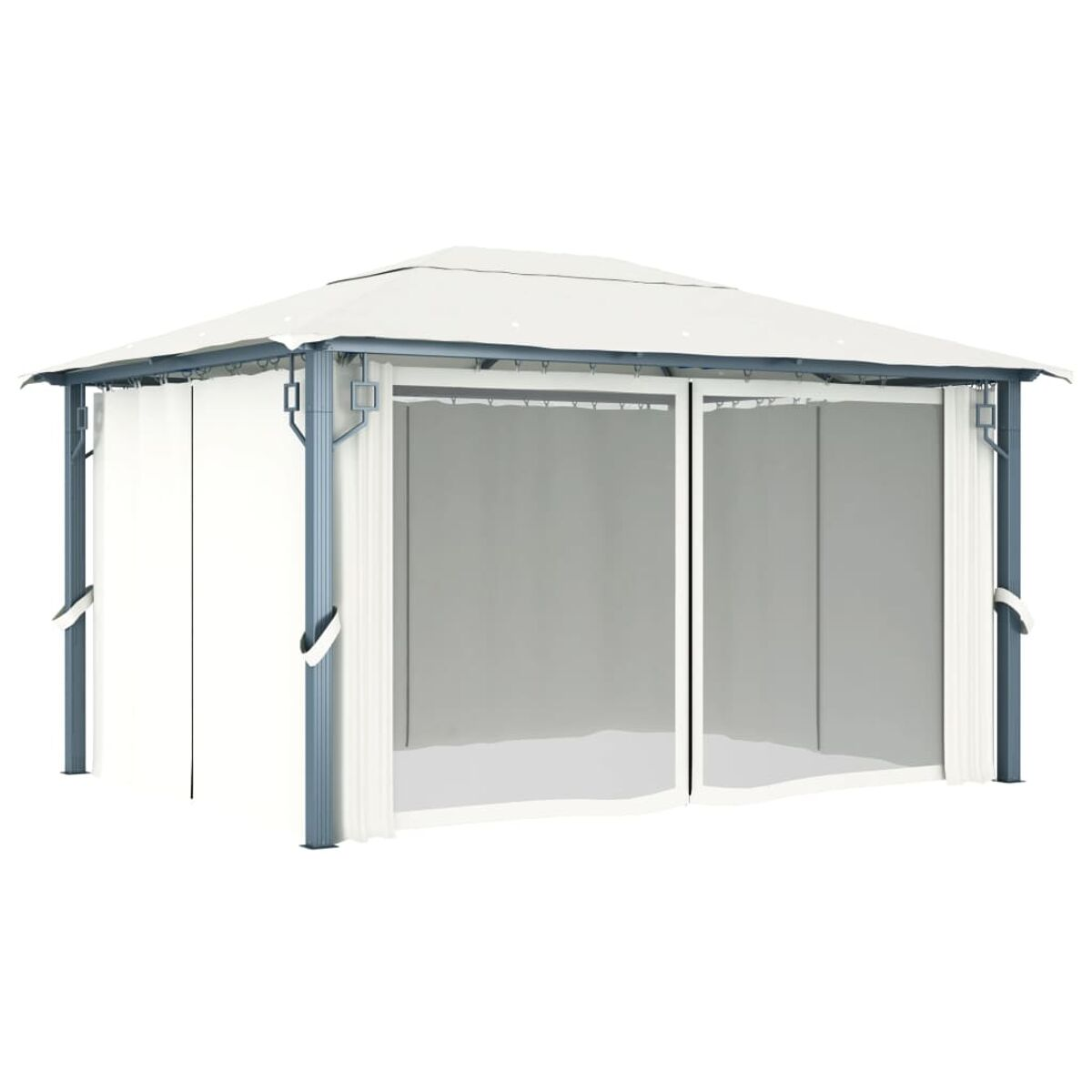 Weißer Pavillon mit Vorhängen auf weißem Hintergrund.