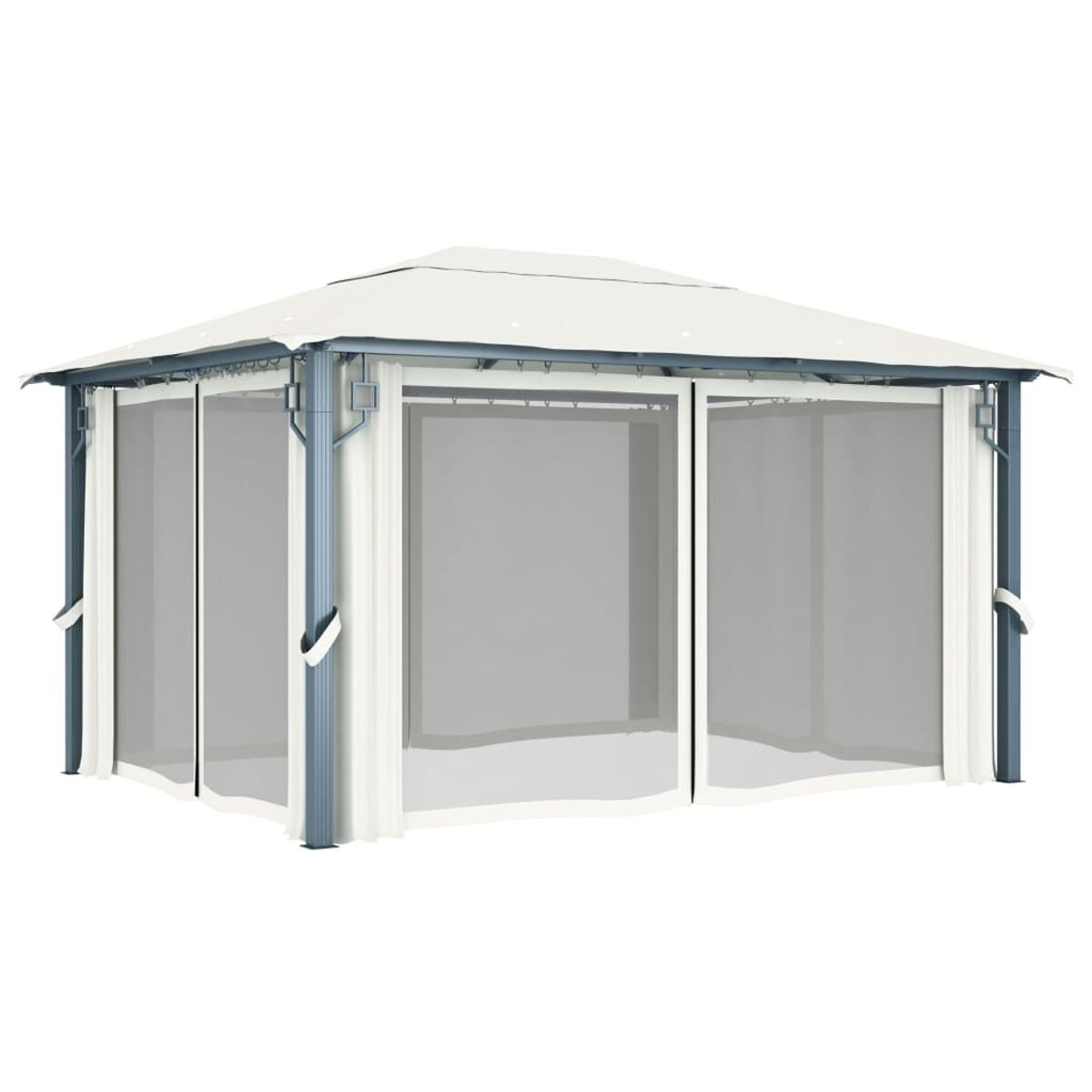 Weißer Pavillon mit Netzvorhängen, Metallrahmen, auf weißem Hintergrund.