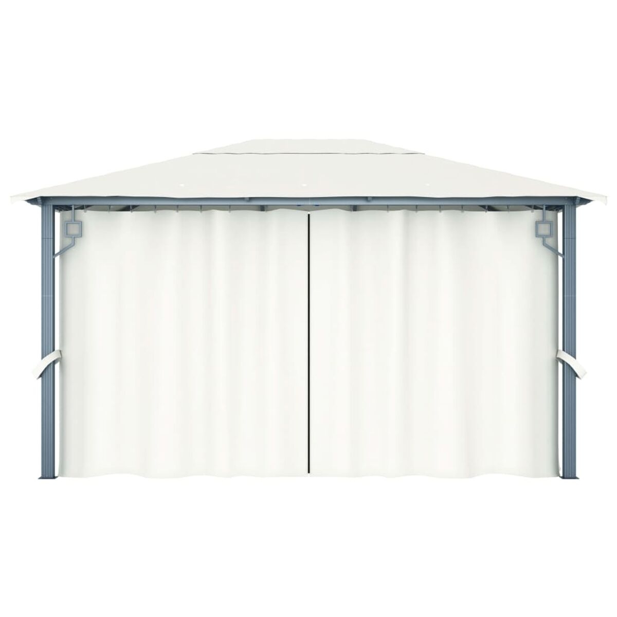 Ein weißer Pavillon mit weißem Dach und weißen Vorhängen, Metallrahmen.