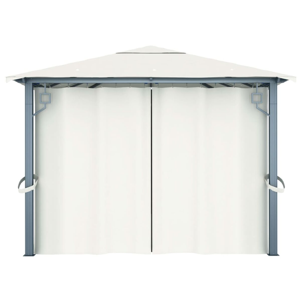 Weißer Pavillon mit Vorhängen. Es hat eine quadratische Form und ein graues Gestell.