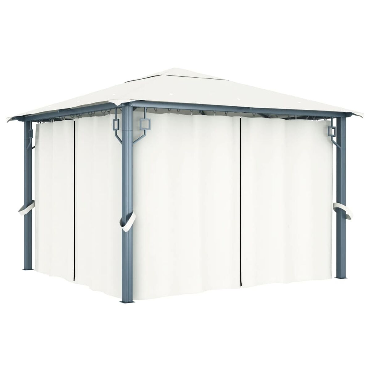 Ein weißer Pavillon mit weißen Vorhängen. Der Rahmen ist grau.